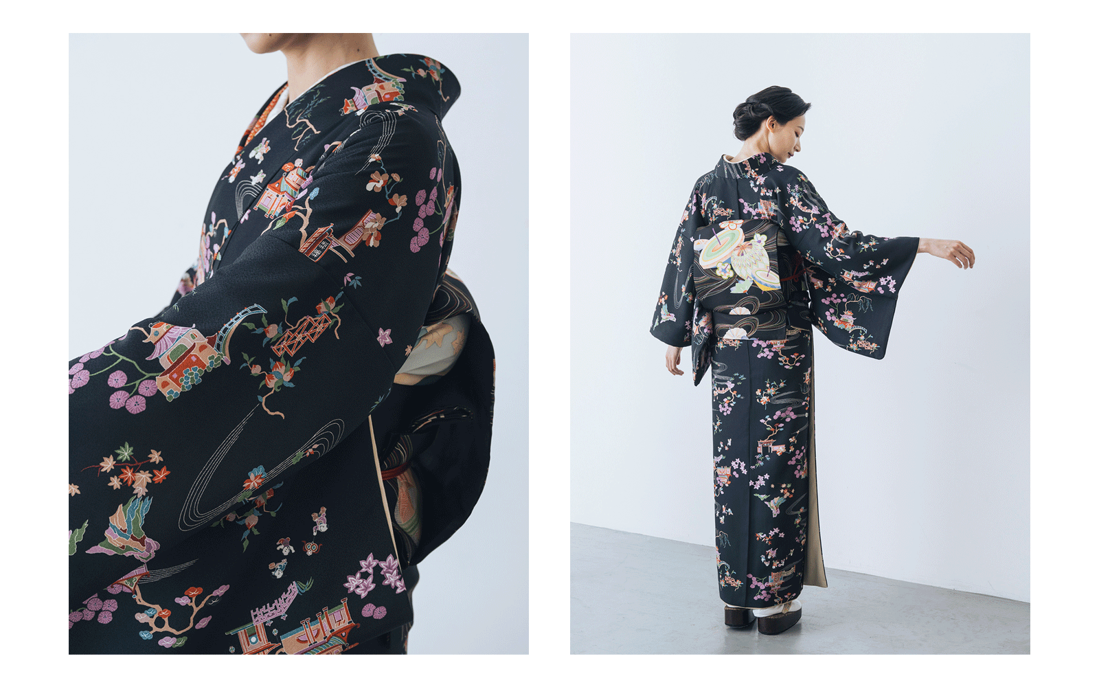 【良品✨】洗える着物　夏物　絽　小紋　黒色　万葉寺井　四季草花　トールサイズA4 良品✨】洗える着物 夏物 絽 小紋 黒色 万葉寺井 四季草花